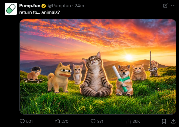 Pump.fun tweet: return to... animals?